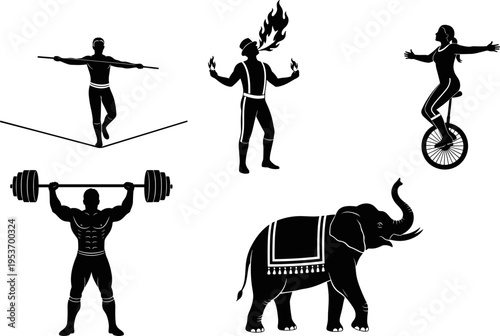 Black circus silhouettes collection featuring a strongman lifting weights, a tightrope walker, a fire breather, a unicycle rider, and a majestic performing elephant for creative projects.