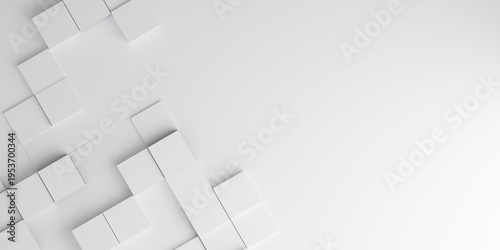 Modern white 3D cubes background with large copy space on the right. Minimalist geometric block arrangement for clean advertising and technology banners.