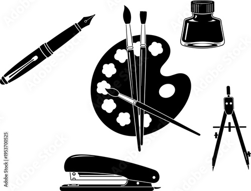 Black and white vector illustration of art and office supply silhouettes including a fountain pen paint palette brushes stapler ink bottle and drafting compass (25 words)