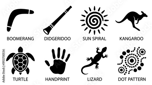 Australian Aboriginal Culture Vector Icon Set – Symbolic Vectors Featuring Boomerangs, Didgeridoos, Sun Spirals, Kangaroos, Turtles, Handprints, Lizards, and Dot Patterns