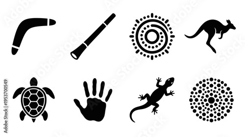 Australian Aboriginal Culture Vector Icon Set – Symbolic Vectors Featuring Boomerangs, Didgeridoos, Sun Spirals, Kangaroos, Turtles, Handprints, Lizards, and Dot Patterns