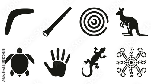 Australian Aboriginal Culture Vector Icon Set – Symbolic Vectors Featuring Boomerangs, Didgeridoos, Sun Spirals, Kangaroos, Turtles, Handprints, Lizards, and Dot Patterns
