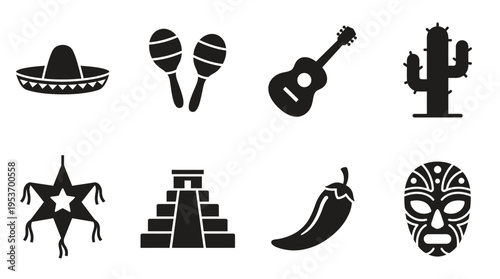 Mexican Culture & Celebration Vector Icon Set – Vibrant Vectors Featuring Sombreros, Maracas, Guitars, Cacti, Piñatas, Pyramids, Chili Peppers, and Masks