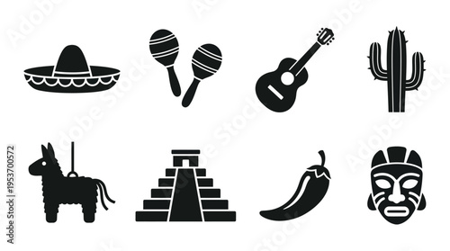 Mexican Culture & Celebration Vector Icon Set – Vibrant Vectors Featuring Sombreros, Maracas, Guitars, Cacti, Piñatas, Pyramids, Chili Peppers, and Masks