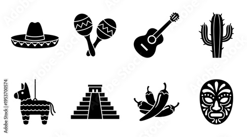Mexican Culture & Celebration Vector Icon Set – Vibrant Vectors Featuring Sombreros, Maracas, Guitars, Cacti, Piñatas, Pyramids, Chili Peppers, and Masks