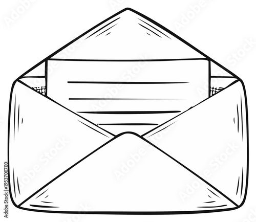 Hand drawn open envelope with a blank letter inside sketch illustration