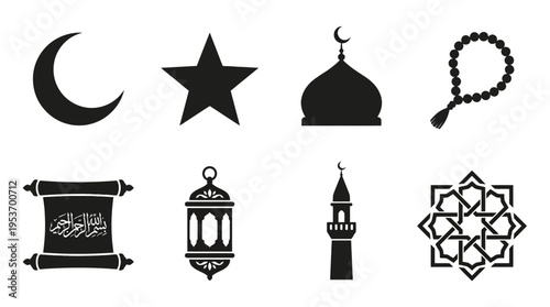 Islamic Faith & Culture Vector Icon Set – Elegant Vectors Featuring Crescents, Stars, Mosques, Prayer Beads, Scrolls, Lanterns, Minarets, and Geometric Patterns