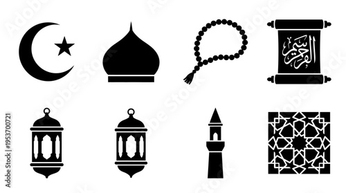 Islamic Faith & Culture Vector Icon Set – Elegant Vectors Featuring Crescents, Stars, Mosques, Prayer Beads, Scrolls, Lanterns, Minarets, and Geometric Patterns