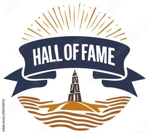 Hall of Fame emblem with a lighthouse and ribbon with sunburst elements