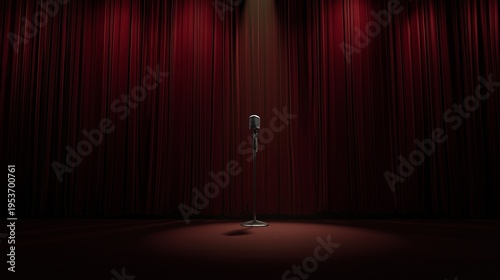 A vintage microphone is illuminated by a spotlight on an empty stage with closed red curtains, evoking anticipation.