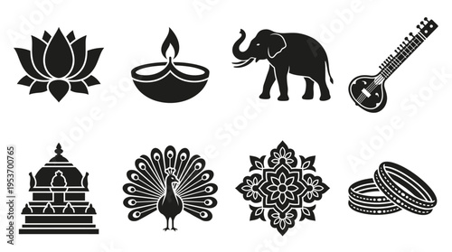 Indian Culture & Heritage Vector Icon Set – Colorful Vectors Featuring Lotuses, Diyas, Elephants, Sitars, Temples, Peacocks, Rangoli Designs, and Bangles