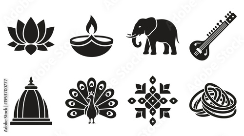 Indian Culture & Heritage Vector Icon Set – Colorful Vectors Featuring Lotuses, Diyas, Elephants, Sitars, Temples, Peacocks, Rangoli Designs, and Bangles