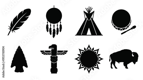 Native American Culture & Symbolism Vector Icon Set – Powerful Vectors Featuring Feathers, Dreamcatchers, Tipis, Drums, Arrowheads, Totems, Sun Symbols, and Buffalos