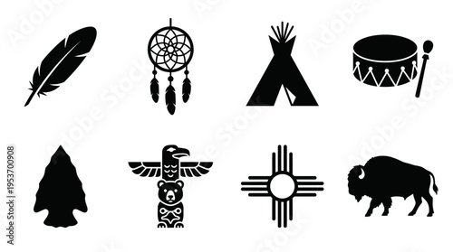 Native American Culture & Symbolism Vector Icon Set – Powerful Vectors Featuring Feathers, Dreamcatchers, Tipis, Drums, Arrowheads, Totems, Sun Symbols, and Buffalos
