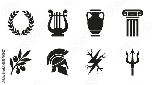 Ancient Greek Culture & Mythology Vector Icon Set – Timeless Vectors Featuring Laurel Wreaths, Lyres, Amphorae, Columns, Olive Branches, Helmets, Lightning Bolts, and Tridents