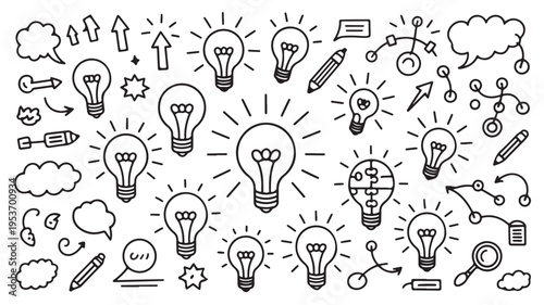 Black And White Line Art Light Bulbs With Business Concept Icons For Creative Ideas And Innovations