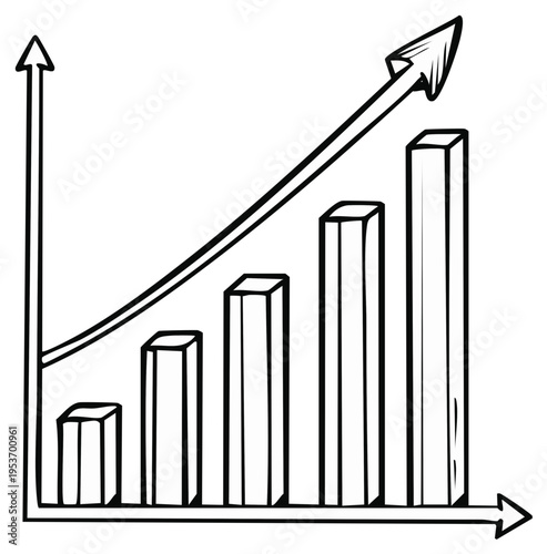 Hand-drawn bar graph showing upward trends and business growth in monochrome illustration