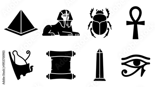 Ancient Egyptian Culture & Symbolism Vector Icon Set – Iconic Vectors Featuring Pyramids, Sphinxes, Scarabs, Ankhs, Scrolls, Obelisks, Chariots, and Eyes of Horus