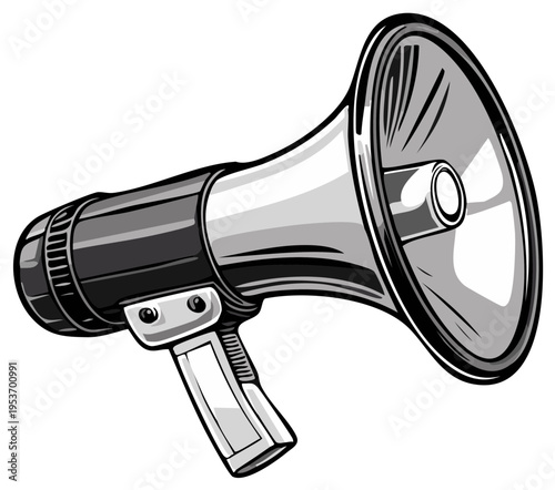 Cartoonish megaphone with handle, vector design of monochrome amplified communication device.