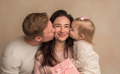Happy mother receiving kisses on the cheeks and a pink gift box from her husband and baby daughter, loving family of three, single child love, Mother's Day holiday or birthday celebration