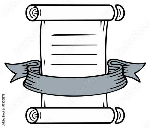 Antique scroll with text lines and a ribbon banner for an announcement or decree