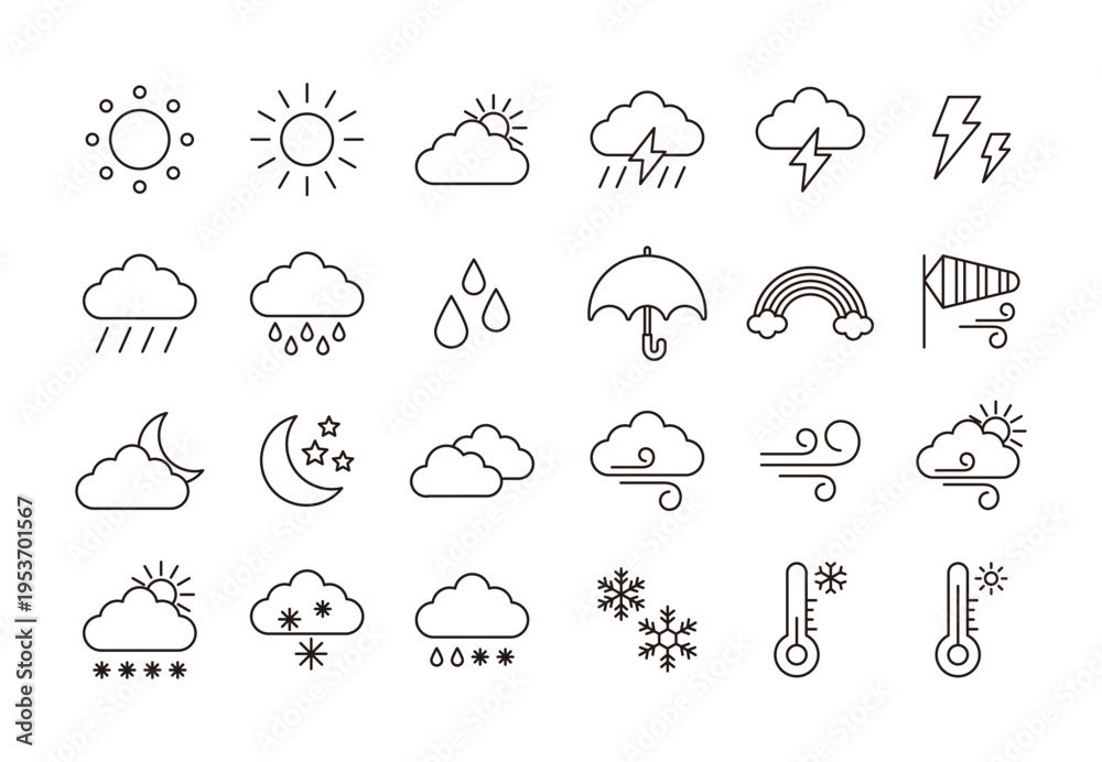 Obraz premium Set of weather icons in thin line art style. Minimalist vector illustration of meteorological symbols including sun, clouds, rain, snow, lightning, and temperature for mobile apps and web design.