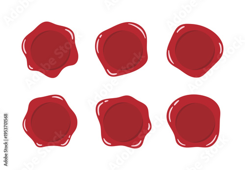 Set of red wax seal stamps with irregular organic shapes. Flat vector illustration of classic sealing wax drops for vintage envelopes, wedding invitations, and legal documents.