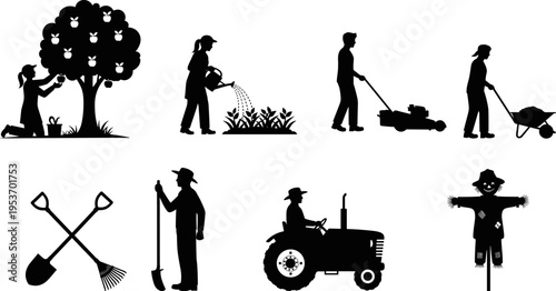 Comprehensive collection of black silhouette vector icons featuring various farming activities like tractor driving harvesting lawn mowing and gardening for professional agricultural design projects
