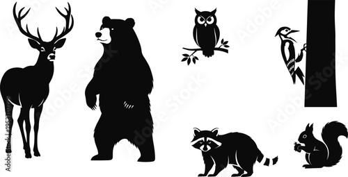 Detailed set of black silhouette vector icons featuring various forest animals including deer bear owl woodpecker raccoon and squirrel for nature wildlife design projects