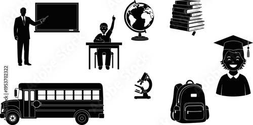 Education and school icon set featuring black silhouettes of teacher, student, school bus, globe, books, backpack, graduation cap, and microscope isolated on white background vector illustration.