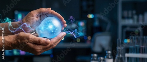 Scientist holding glowing blue sphere with electric circuits in laboratory setting with various equipment and tubes nearby with a person