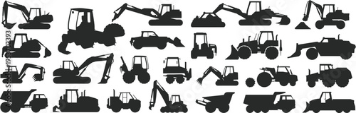 Large set of construction vehicle silhouettes including excavators, bulldozers, loaders and dump trucks, industrial machinery collection for engineering, mining, transport and infrastructure projects