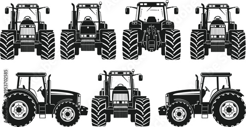 Tractor front and side view silhouettes collection, agricultural machinery set for farming, rural transport, crop production, heavy equipment and modern agriculture industry