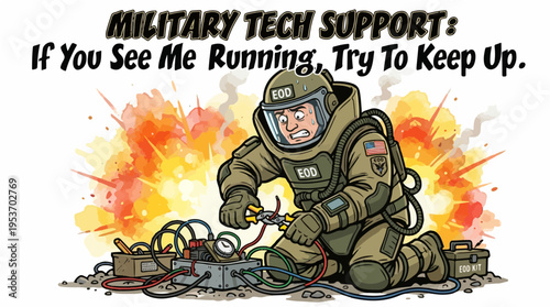 Military Tech Support Funny EOD Bomb Squad Illustration - If You See Me Running Try To Keep Up - Humorous Soldier Graphic