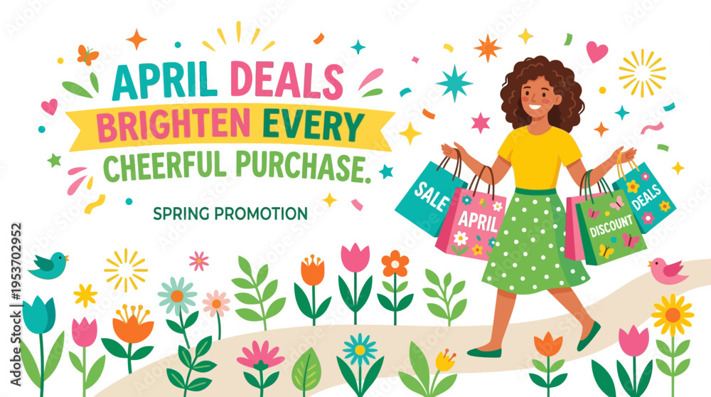 Obraz premium Cheerful Woman Shopping with April Deals