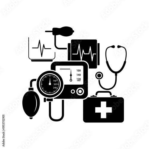 Medical equipment set with stethoscope, blood pressure monitor, and first aid kit