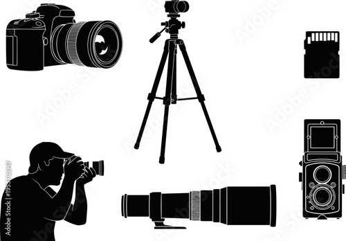 Professional Photography Equipment Silhouette Set Featuring Modern DSLR Camera Tripod Telephoto Lens Memory Card Vintage Twin Lens Reflex Camera and Photographer Shooting in Studio
