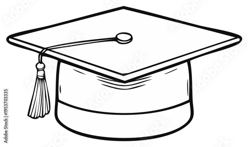 Black and white line drawing illustration of a graduation cap mortarboard with tassel