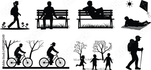 Outdoor activity silhouette illustration, seven diverse figures hiking, cycling, walking, sitting, reclining, and playing in nature, leisure lifestyle theme, vector art, black isolated bold design