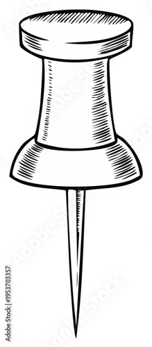 Illustration of a black and white push pin design. Isolated on a white background. Hand drawn style.