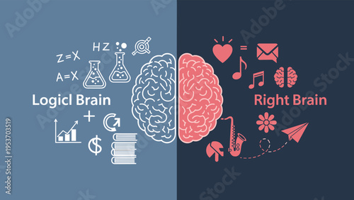 Comparison diagram of the human brain showing the logical left side with symbols for science and the creative right side with art.