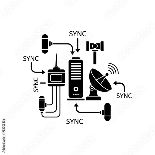 Illustration of synchronized satellite communication network with multiple devices and server