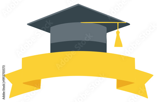 Graduation cap with yellow tassel and ribbon banner for congratulatory message