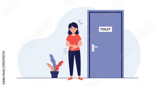 Uncomfortable woman holding her stomach in pain while standing in front of a locked toilet door waiting for relief.