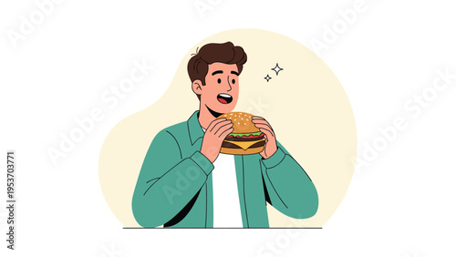 Happy young man looking excited as he prepares to eat a large delicious hamburger with several layers of meat and cheese.