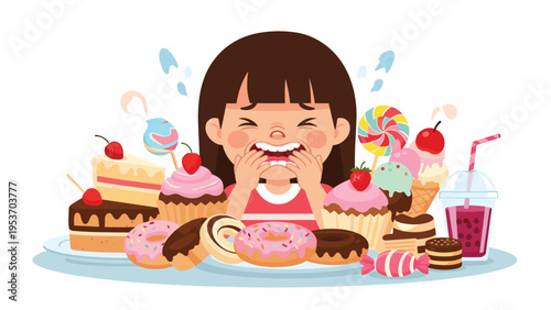 Sad young girl crying while surrounded by an overwhelming pile of sugary sweets, cakes, donuts, and colorful candies.