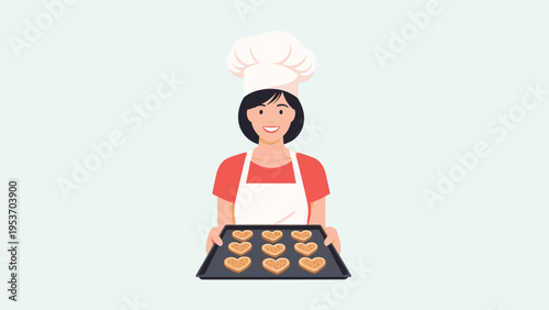 Smiling female baker wearing a chef hat and apron while holding a baking tray filled with fresh heart-shaped cookies.