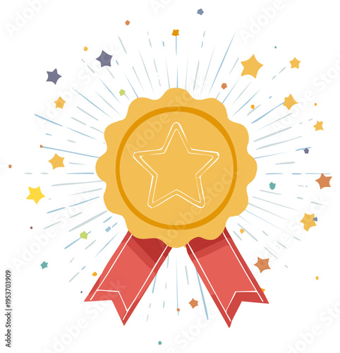 Illustrative golden award badge featuring a star, red ribbons, and festive confetti for celebration and achievement.