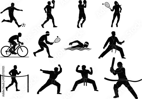 silhouette, sports, athlete, fitness, training, exercise, action, competition, vector, set, collection, active, movement, hobby, person