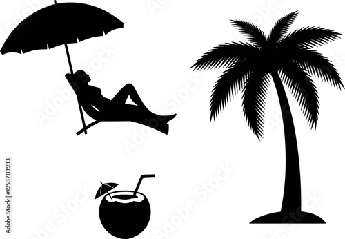 Tropical beach vacation silhouette set featuring a palm tree, a person relaxing on a deck chair under a parasol, and a coconut cocktail with straw.